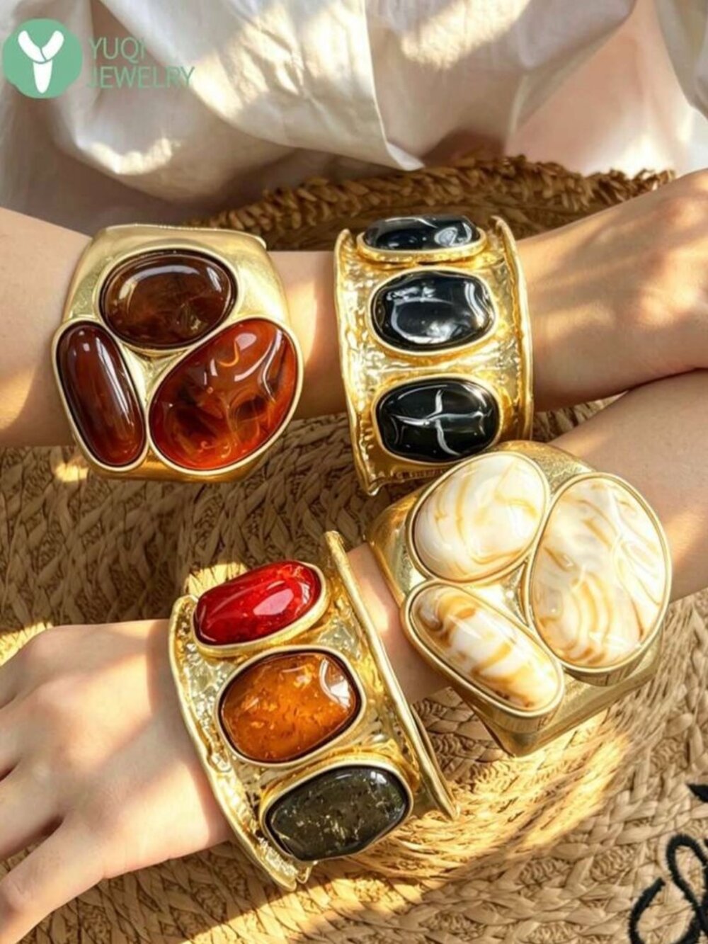 Gold Statement Cuff Bracelet & Ring Set Brown Black Cabochon Chunky Boho Jewelry
